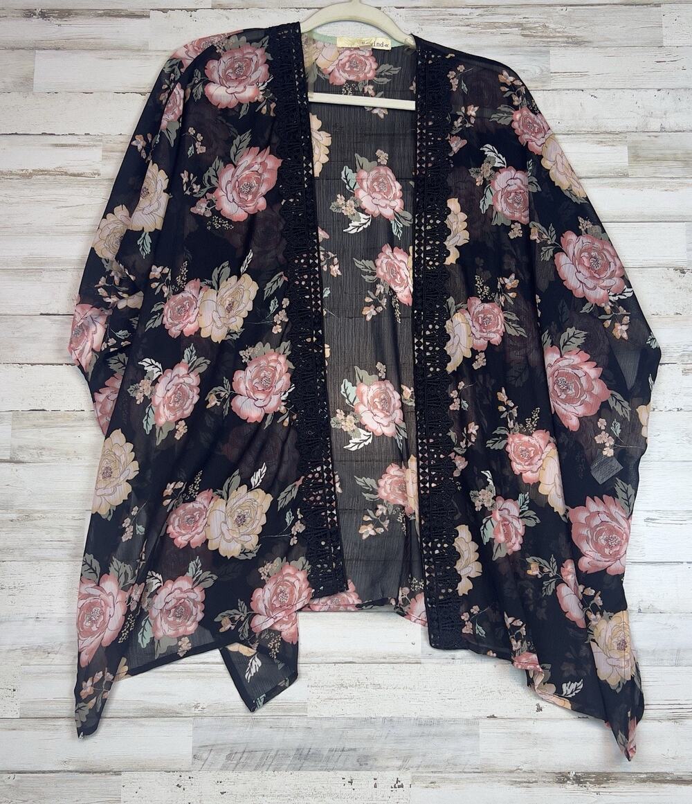 Rewind Womens Floral Kimono XS Black Sheer Open Front Crochet Trim Fits S-M-L